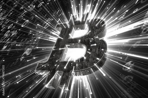 all time high of bitcoin price is coming right after the halving process, black and white version of glowing big bitcoin sign