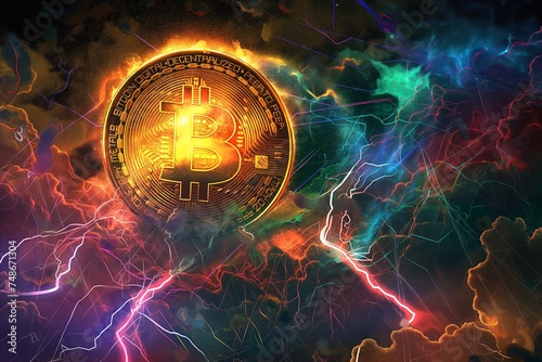 all time high of bitcoin price is coming right after the halving process, chaotic multicolor space pattern with glowing bitcoin  photo