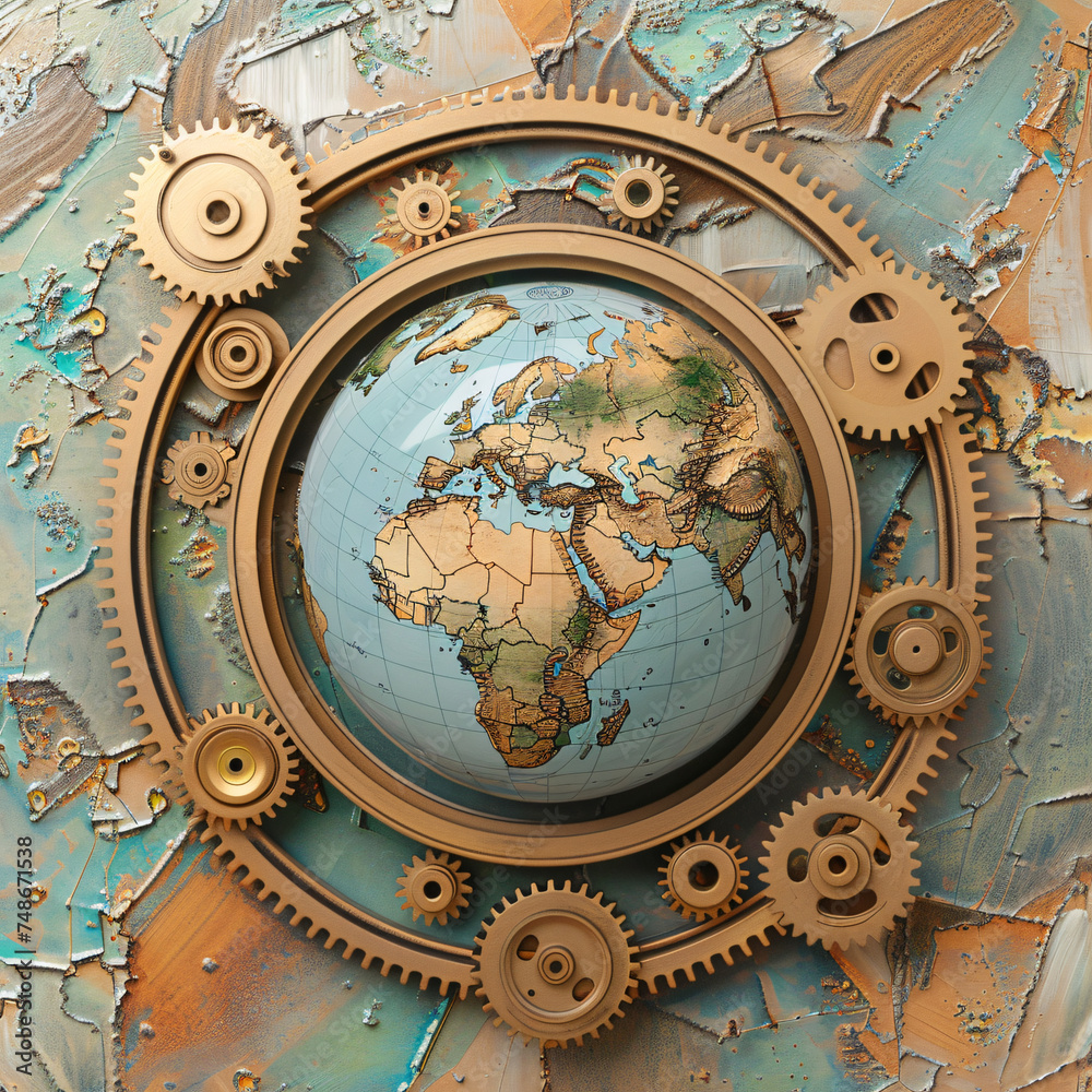 Earth globe with cogs on abstract background with worl