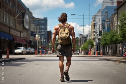 Sport man or tourist with backpack rucking and walking at street in modern city. Trendy activity. View from back.