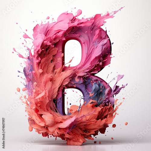 Letter B in splashes of pink paint isolated. Letter of the alphabet, logo B. Concept art of the number 8. March 8, women's day, letter B, date, number, symbol, logo. photo