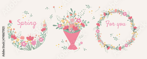 Set of loral spring bouquet and floral wreaths in flat design and pastel colors. Spring floral concepts for cards and posters. Vector illustration.