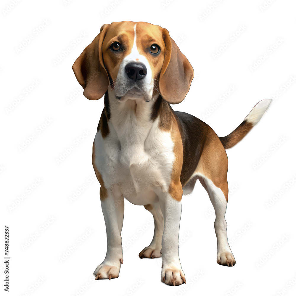 A cute beagle puppy, isolated on a white studio background, sits attentively with its brown eyes gazing forward