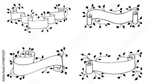 Set of spring black ribbon banners with curled scrolls, frame of floral tree branches, leaves, plants. Elegant, aesthetic, stylish monochrome hand drawing doodles of botanical elements