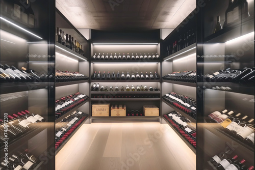 Sophisticated minimalist wine cellar illuminated by led light. Maintained storage for expensive alcoholic drinks in modern building