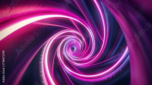 Graphic design art of abstract illusion of spiral with geometric shapes of pink and violet neon lines © Emil