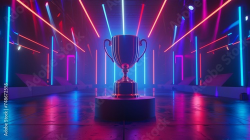 A majestic trophy radiates with neon elegance, standing as a centerpiece in a modern virtual gaming arena.
