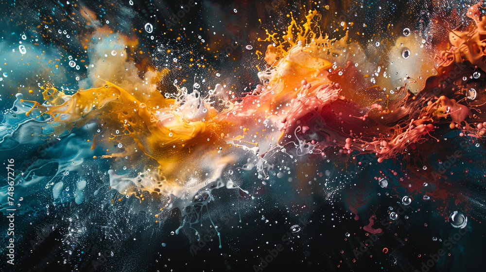 Abstract splashes collide, chaos sparkles, harmony emerges boldly. 