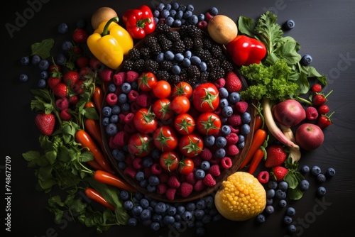 a heart of fruits and vegetables on a blue background