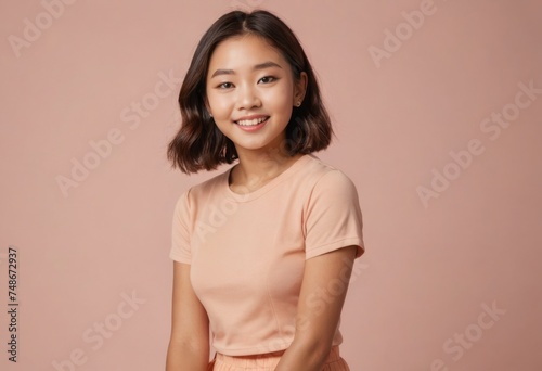 A young woman poses casually in a peach t-shirt. The warm backdrop enhances her friendly demeanor.