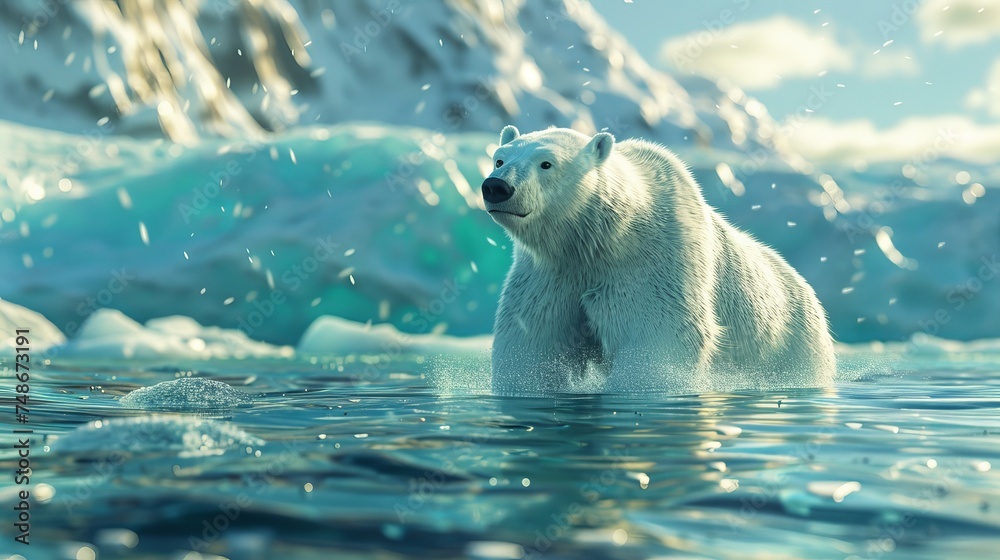 a polar bear is standing in the water near a mountain