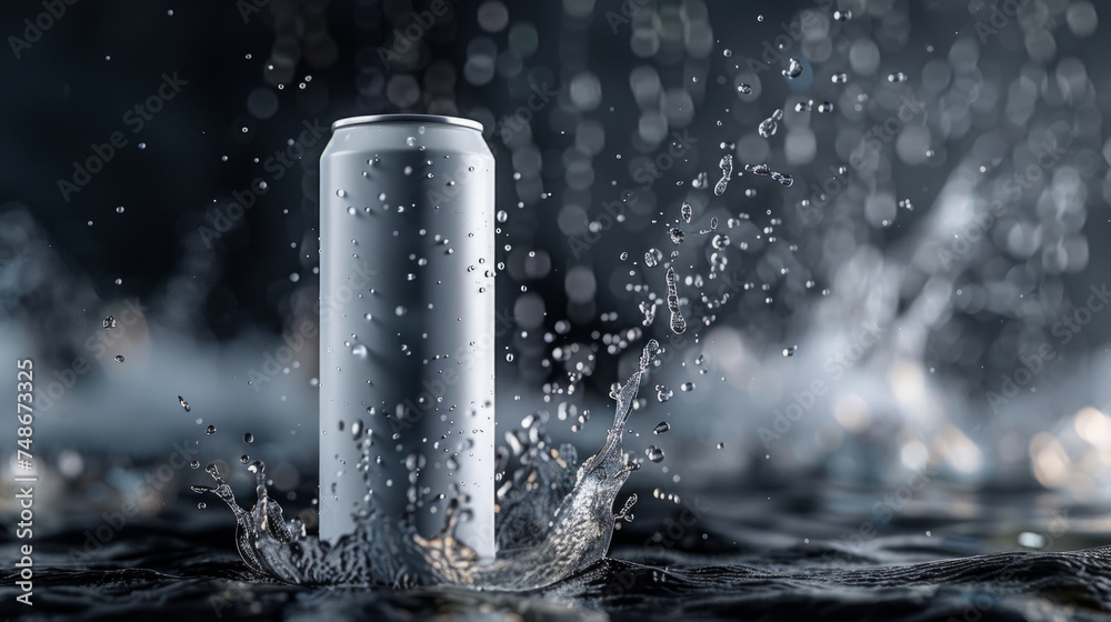 A mpck up aluminum can emerges from a dynamic splash of water against a dark, bokeh background, highlighting its sleek metallic surface with droplets suspended in motion around it. A mpck up aluminum can emerges from a dynamic splash of water against a dark, bokeh background, highlighting its sleek metallic surface with droplets suspended in motion around it.
