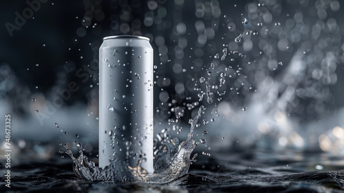 A mpck up aluminum can emerges from a dynamic splash of water against a dark, bokeh background, highlighting its sleek metallic surface with droplets suspended in motion around it.