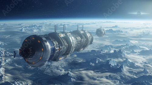 Space travel concept. A futuristic spacecraft hovers above a rugged, icy landscape, with distant planets visible in the sky 