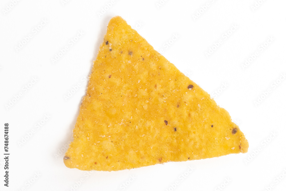 Crispy corn tortilla nachos chips isolated on white background clipping path