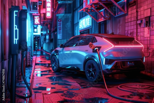 red electric car is parked in front of a building in a dark alleyway