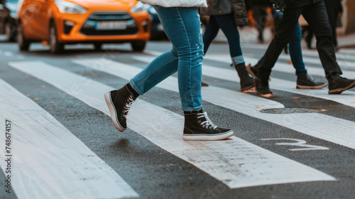 A group of individuals walking across a marked crosswalk, following traffic signals and safely crossing the street in an urban setting © sommersby