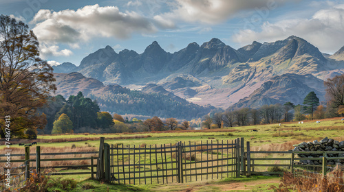 Fenced area in front of the Langdale Pikes. A small fe