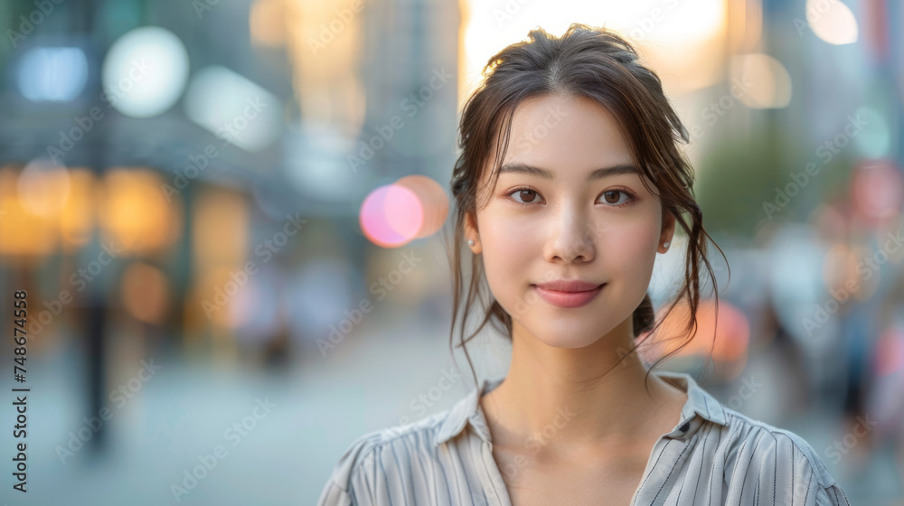 A close-up image of a young woman with a gentle smile on her face. The background is blurred with bokeh lights, highlighting her as the focal point.