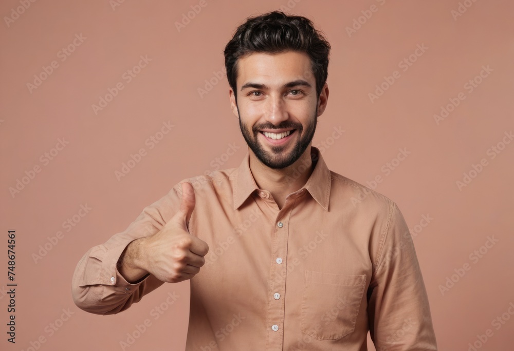 Fototapeta premium A friendly man with stubble in a salmon shirt giving two thumbs up, his smile suggests agreeableness and contentment.