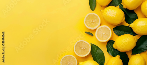 Top view of Lemons Fresh and juicy citrus fruits, including lemon slices on yellow background with copyspace
