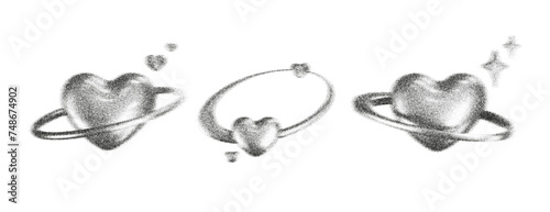 3d gritty hearts with grain gradient effect in y2k style isolated on white background. Noise 3d heart with grainy dot texture looks like galaxy planet with star and light, shadow . 3d y2k vector