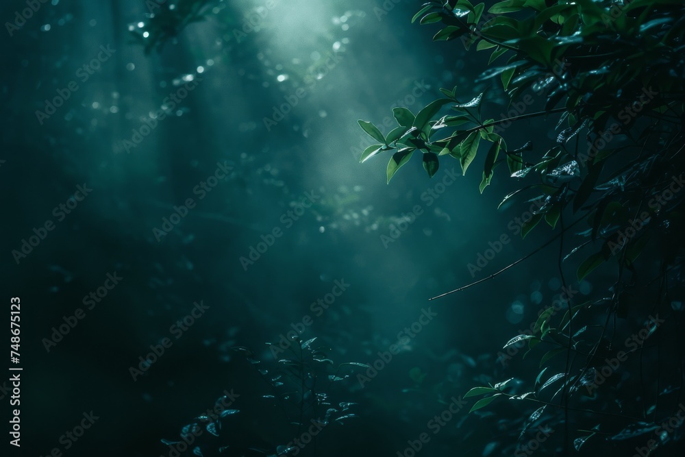 serene yet haunting atmosphere within a dense forest, where light rays break through the canopy, highlighting the mist and illuminating patches of foliage