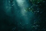 serene yet haunting atmosphere within a dense forest, where light rays break through the canopy, highlighting the mist and illuminating patches of foliage