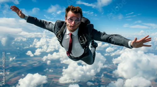 Businessman in skydive gear taking the leap against a backdrop of clouds.