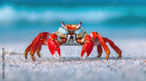 a close up of a crab on the beach with its legs spread out and legs spread out, with a blue ocean in the background. photo