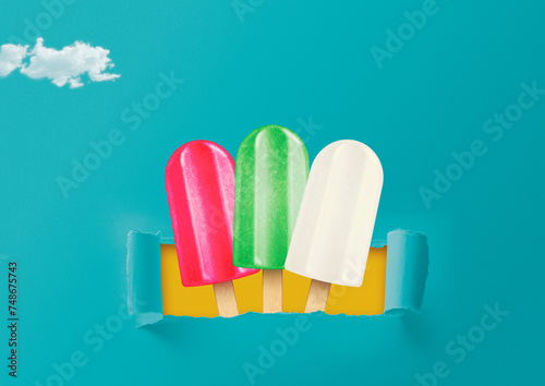 Delicious popsicles collection and ripped paper © stokkete