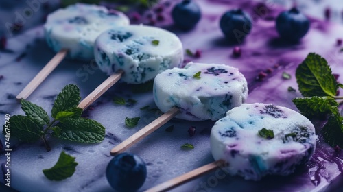 a close up of a plate of food with blueberries and ice cream on skewers with mint sprigs.