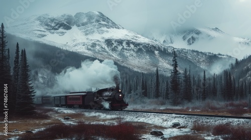 a train on a train track in front of a mountain with snow on the top and trees in the foreground.
