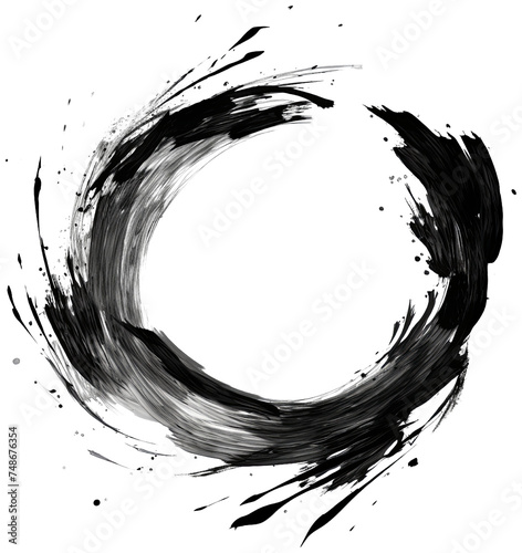 Black and white round hand-painted brush ink grunge circle, isolated on a white transparent background, available in PNG format.