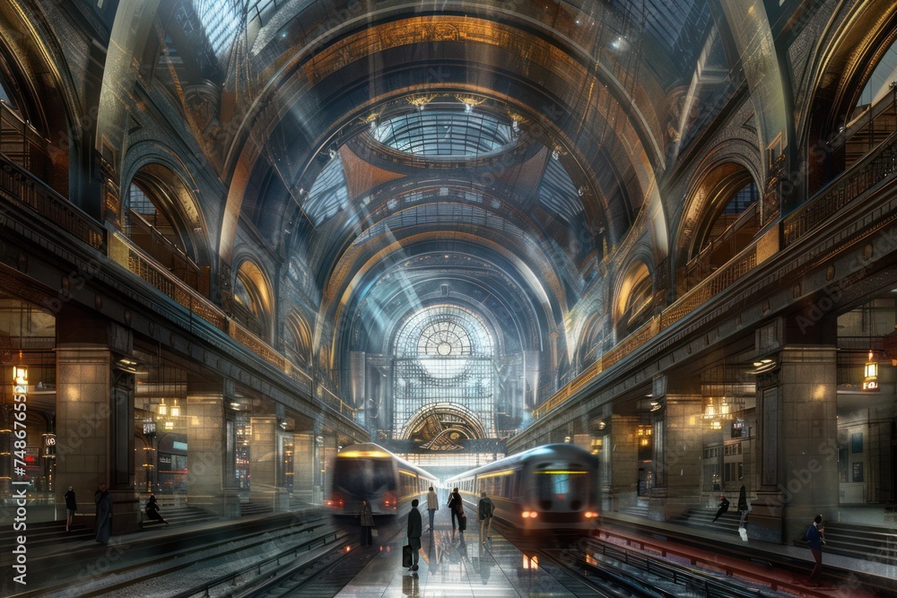 Obraz premium Ttrain station, with trains arriving and departing, travelers rushing to catch their connections, and the iconic architecture of the station 