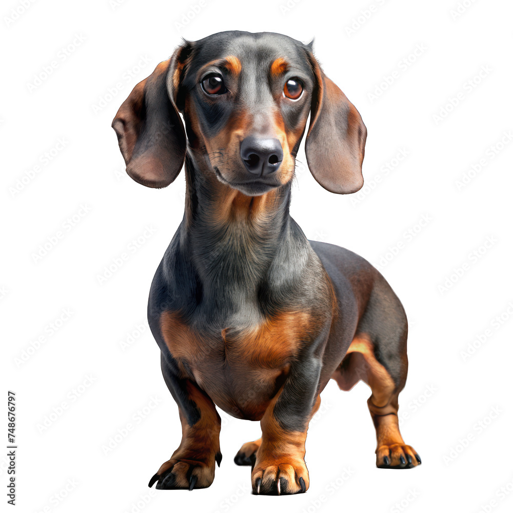 Isolated brown dachshund puppy sitting on a white background, looking adorable and cute in a studio portrait, showcasing its purebred pedigree and funny sausage-like appearance - obrazy, fototapety, plakaty 