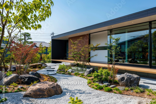 Modern small scale design style office building. Simple exterior and surrounding garden