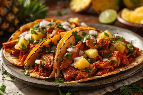 Vibrant Tacos Al Pastor on Rustic Table


