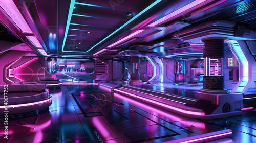 Futuristic platform with neon lights .