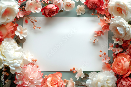 Overhead view of a floral border with a blank center, ideal for invitations.