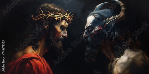 Jesus vs satan face off. Religious battle of good versus evil banner with Christ face to face with the devil