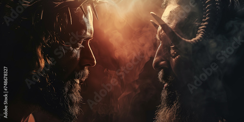 Jesus vs satan face off. Religious battle of good versus evil banner with Christ face to face with the devil © JoelMasson