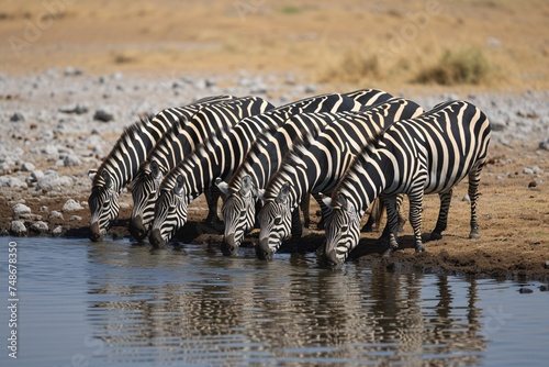 Group of Zebras quenching thirst at camp watering spot.