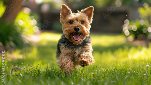 Welsh Terrier playing energetically in the green grass in the garden. photo