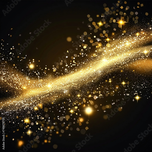 Gold glittering confetti wave and stardust. Golden mag
