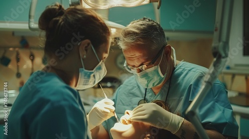 A man dental practitioner cares for a client's teeth with the assistance of a woman aide, promoting a sound mouth. photo