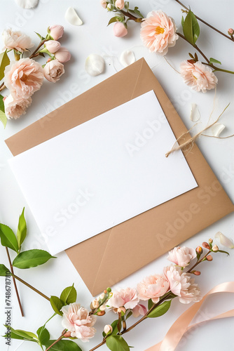 Top view of an elegant floral invitation card mockup, ideal for wedding or romantic event design.