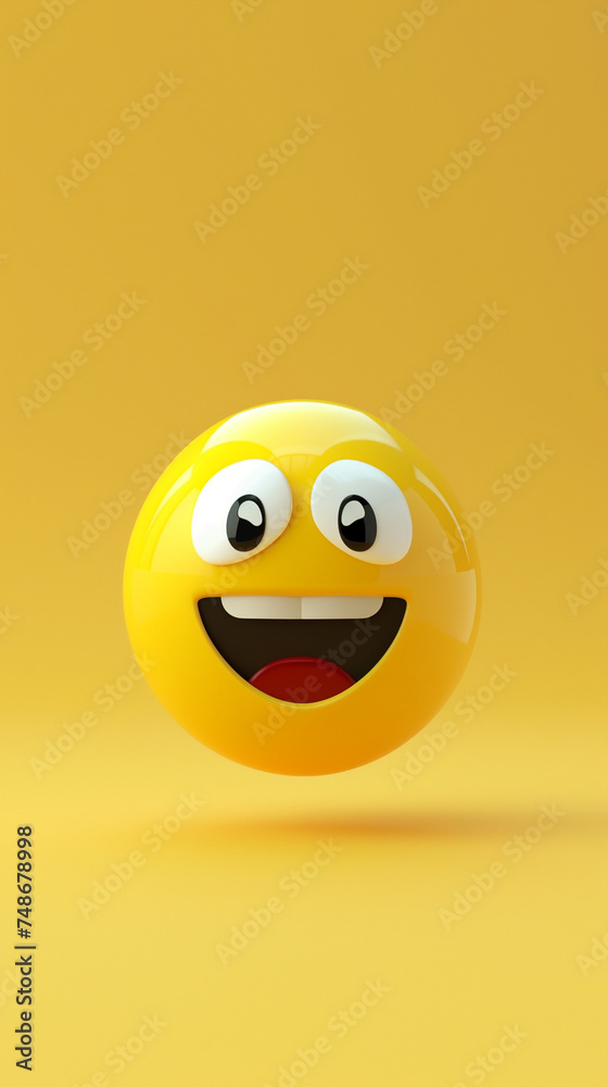 Happy Eyes and Mouth Emoji: 3D Rendered Expression on a Yellow Background with Clean Lines