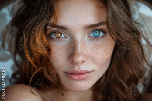brunette woman face with heterochromia - different colors eyes brown and blue, looks at the camera with a smile, emphasizing her beauty and confidence. Concept human diversity.