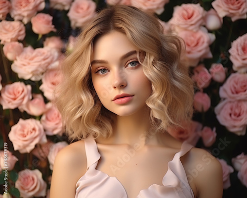 Beauty portrait of a young blonde woman on a background of pink roses © matucha12